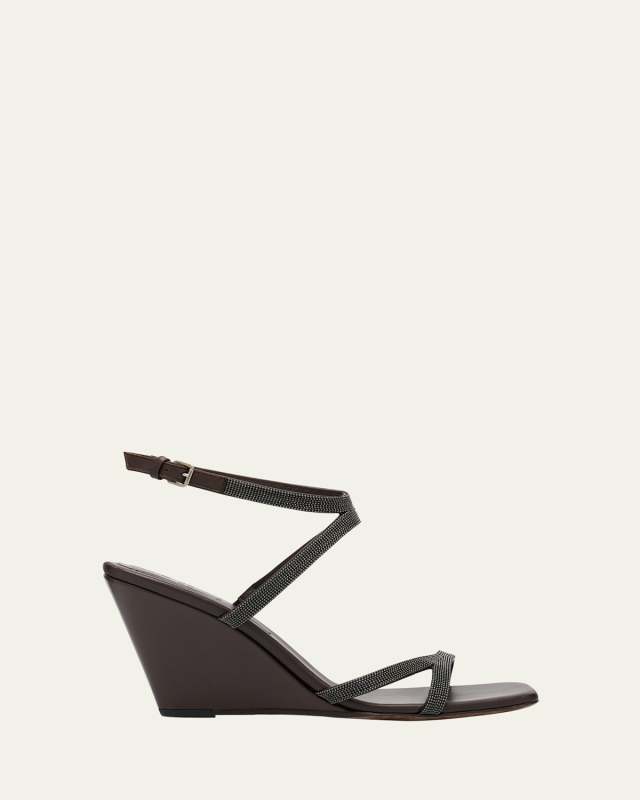Leather Two Cross Strap Wedge Sandals